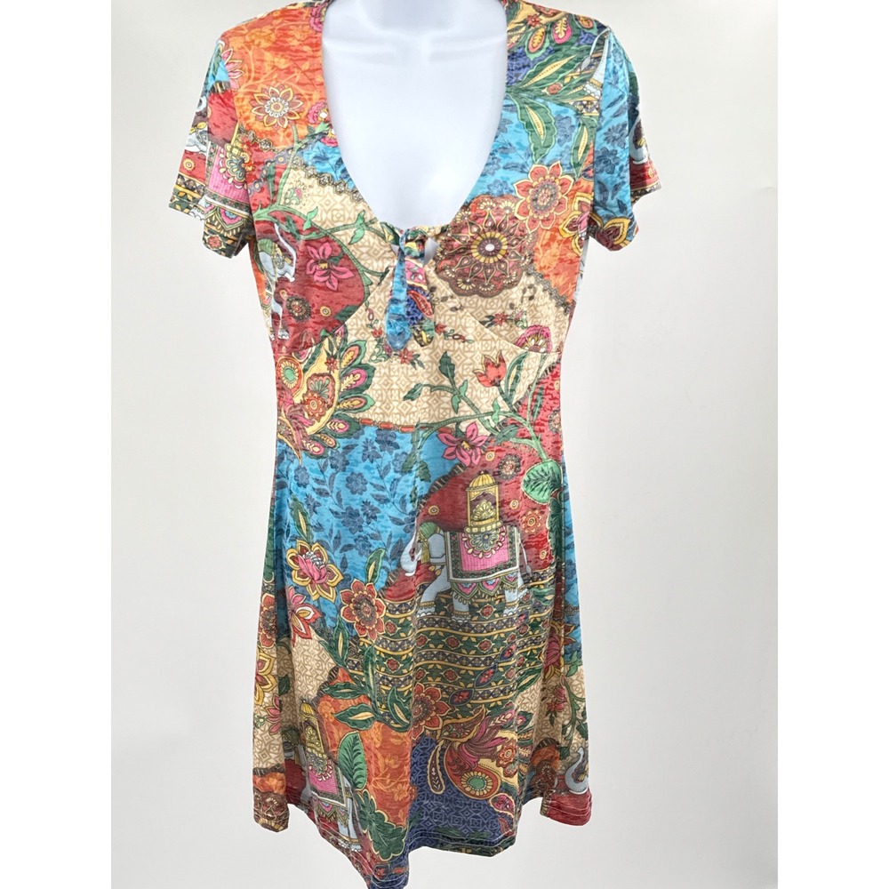 Peace + Love Owls Multi Color Elephant Floral Patchwork V-Neck Dress Large NWT